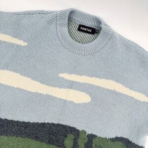 Vamtac Landscape Print Crewneck Sweater Mens Medium Light Blue Cow‎ Farm Scene